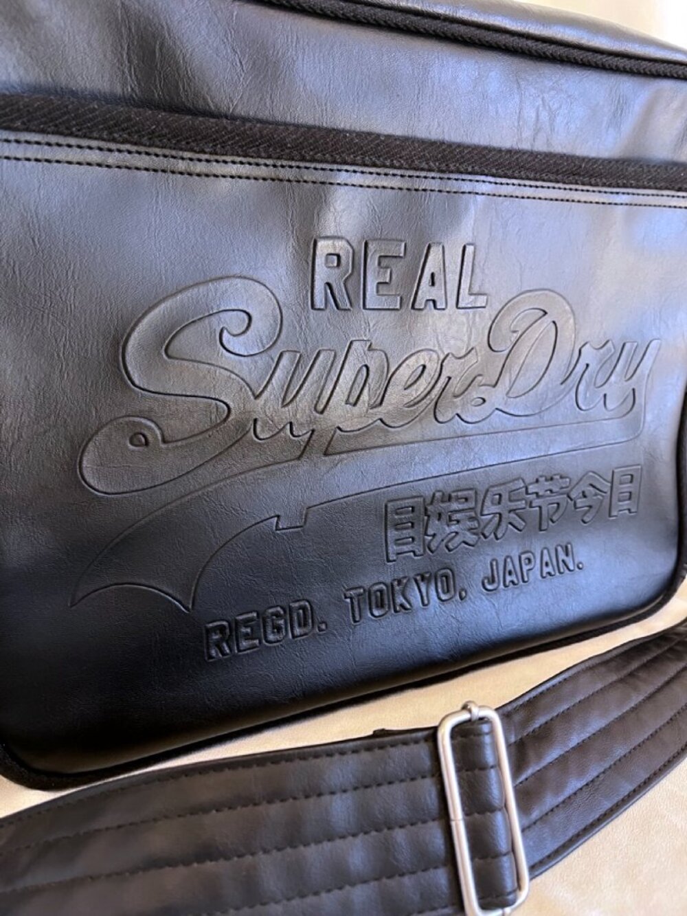 Superdry Embossed Logo Black Faux Leather Messenger Crossbody Bag
